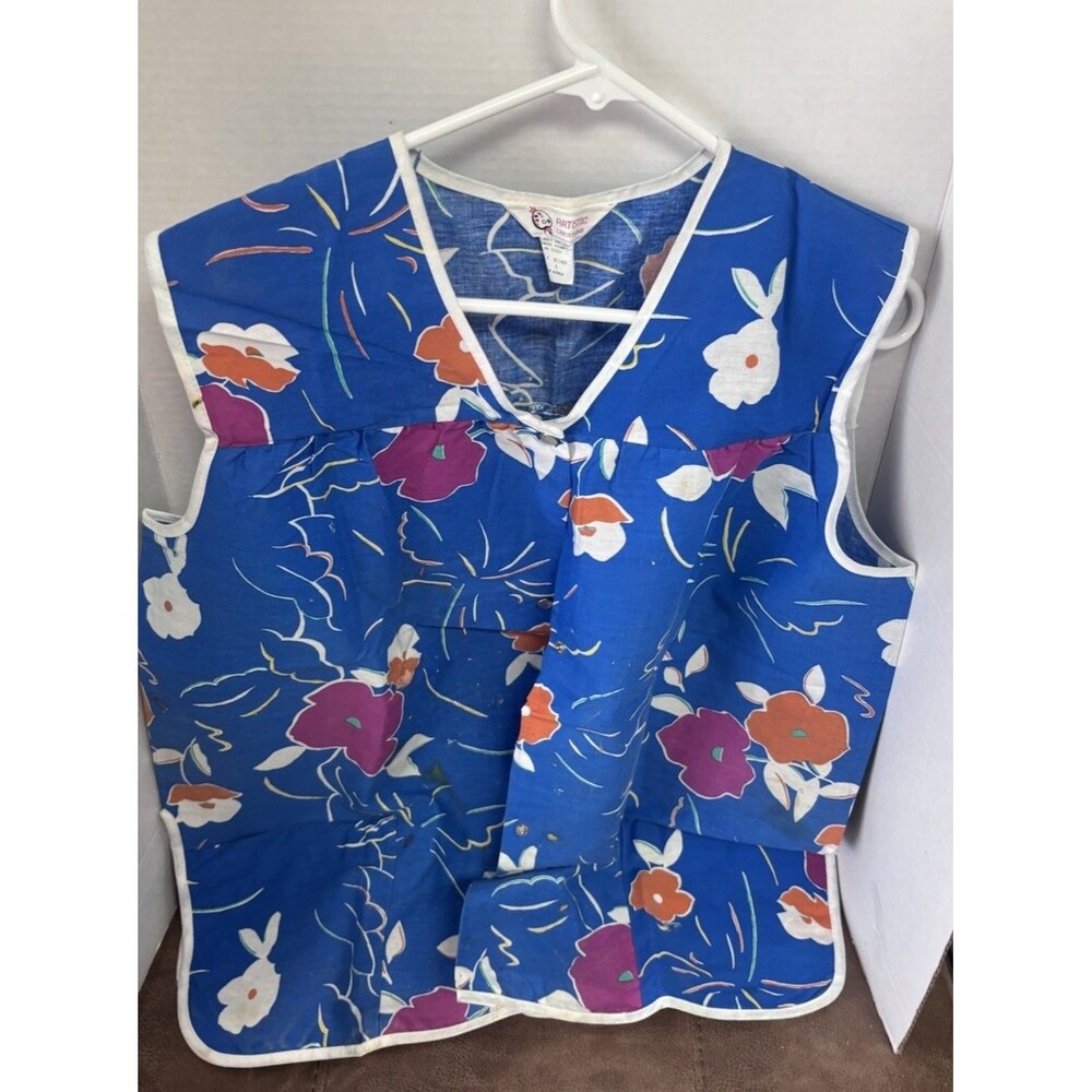 Vintage Art Smocks Floral Snap Front Pockets Red & Blue
